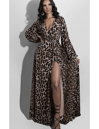 cheap Dresses-Women&#039;s A Line Dress Maxi long Dress Brown Long Sleeve Leopard Print Fall V Neck Elegant Casual 2021 S M L XL XXL