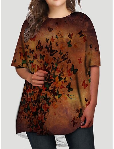 cheap Plus size-Women&#039;s Plus Size Graphic T Shirt Dress Tee Dress Print Round Neck Half Sleeve Basic Casual Fall Spring Causal Daily Short Mini Dress Dress / Butterfly