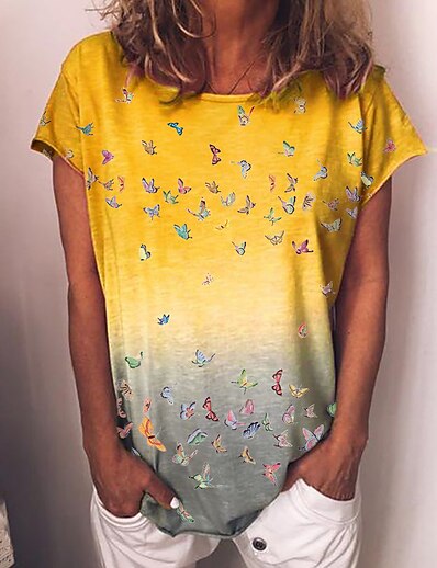 cheap Women&#039;s Tops-Women&#039;s T shirt Color Gradient Graphic Butterfly Print Round Neck Tops Basic Basic Top Blue Yellow Green