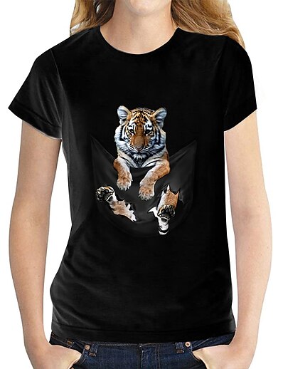 cheap Women&#039;s Tops-Women&#039;s T shirt 3D Printed Graphic 3D Tiger Round Neck Print Basic Tops 100% Cotton Black White