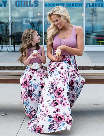 hesapli Family Matching Outfits-Annem ve ben Elbiseler Günlük Çiçekli Desen Açık Mor Havuz Doğal Pembe Maksi Kolsuz Tatlı Eşleşen kıyafetler / Yaz / Boho