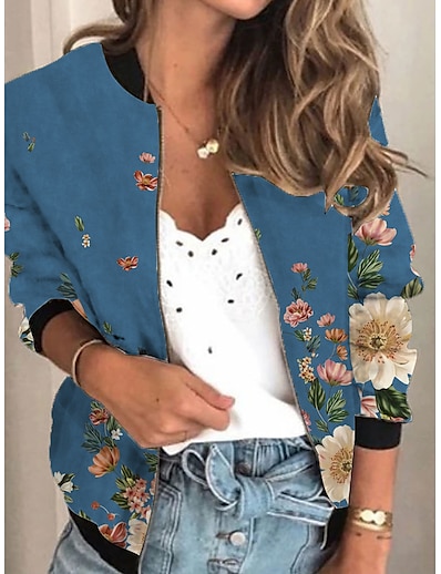 cheap Jackets-Women&#039;s Jacket Spring &amp;  Fall Daily Holiday Regular Coat Regular Fit Active Streetwear Jacket Long Sleeve Print Plants Blue