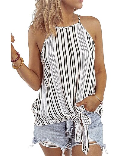 cheap Women&#039;s Tops-Women&#039;s Camisole Blouse Striped Halter Neck Knotted Sexy Tops Yellow Green Black