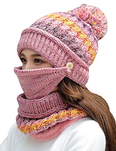 baratos Chapéus-mulheres meninas tricotado chapéu cachecol máscara conjunto inverno lã forrado gorro tricotar orelha abas chapéu com pompom (rosa)