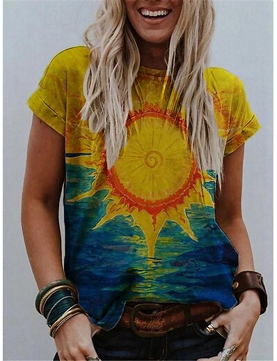 cheap Women&#039;s Tops-Women&#039;s Daily Going out T shirt Tee Short Sleeve Rainbow Tribal Round Neck Print Basic Tops Loose Yellow Fuchsia Rainbow S / Summer / 3D Print