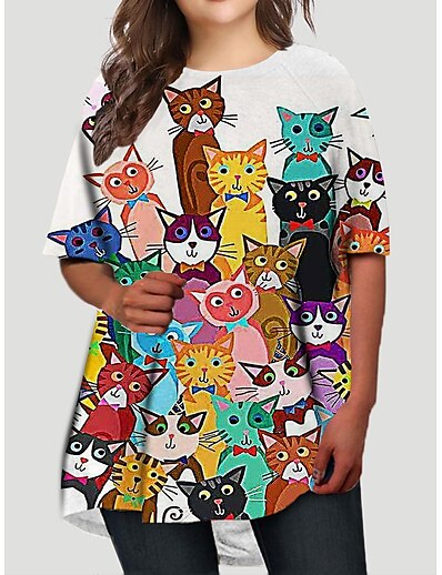 cheap Plus size-Women&#039;s Plus Size Cat T Shirt Dress Tee Dress Print Round Neck Half Sleeve Casual Fall Spring Daily Holiday Short Mini Dress Dress