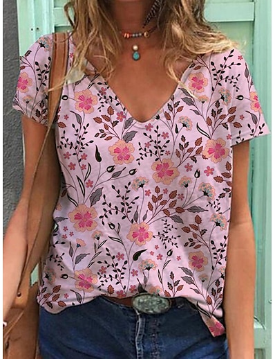 cheap Women&#039;s Tops-Women&#039;s T shirt Floral V Neck Print Basic Tops Pink / 3D Print