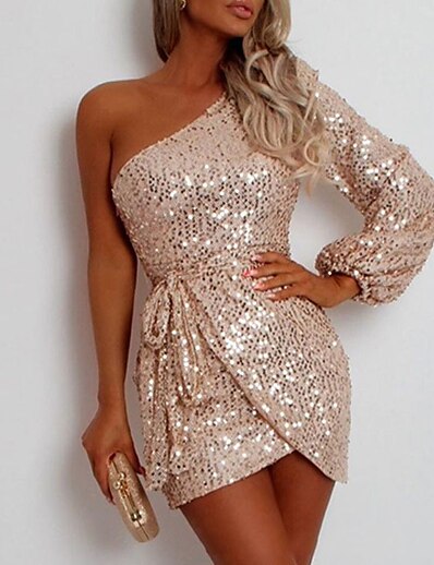 cheap Dresses-Women&#039;s Short Mini Dress Sheath Dress Champagne Sleeveless Sequins Lace up Solid Color One Shoulder Fall Spring Party Stylish Sexy Prom Dress Lantern Sleeve 2022 Slim S M L XL XXL / Party Dress