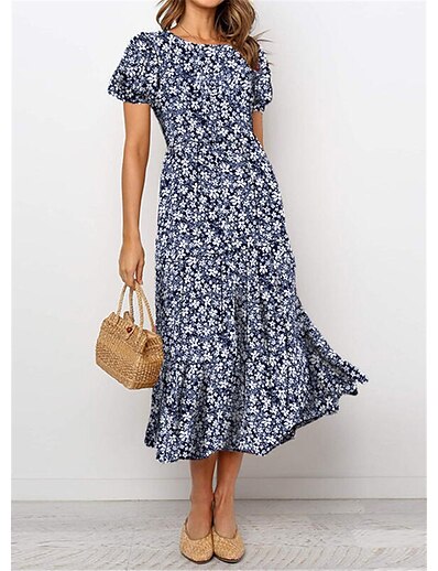 cheap Dresses-Women&#039;s Midi Dress Swing Dress Navy Blue Short Sleeve Flower Vintage Style Print Floral Round Neck Spring Summer Vintage Style Elegant Holiday 2022 S M L XL