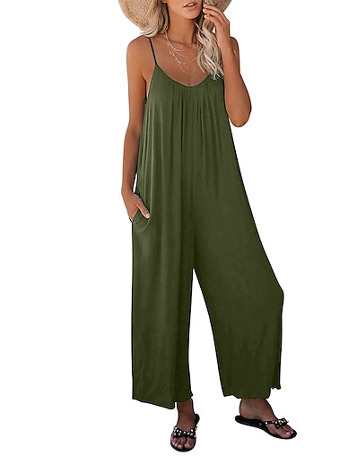 cheap Jumpsuits &amp; Rompers-Women&#039;s Jumpsuit Solid Color Casual V Neck Wide Leg Daily Going out Spaghetti Strap Loose ArmyGreen Black Silver Gray S M L Spring