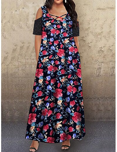 cheap Plus size-Women&#039;s Plus Size Floral Shift Dress Print Boat Neck Short Sleeve Basic Casual Spring Summer Causal Maxi long Dress Dress