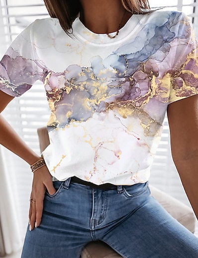 cheap Best Selling Tops-Women&#039;s T shirt Abstract Geometric Painting Sparkly Graffiti Glittery Round Neck Print Basic Tops White / 3D Print