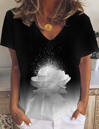 cheap Women&#039;s Tops-Women&#039;s Floral Theme Painting T shirt Floral Color Gradient Print V Neck Basic Tops Black