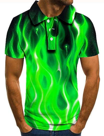 hesapli Erkek-Erkek Golf Gömlek Tenis forması Grafik Baskılar Alev 3D Baskı Yaka Cadde Günlük Kısa Kollu Aşağı düğmesi Üstler Günlük Moda Havalı Yonca / Spor