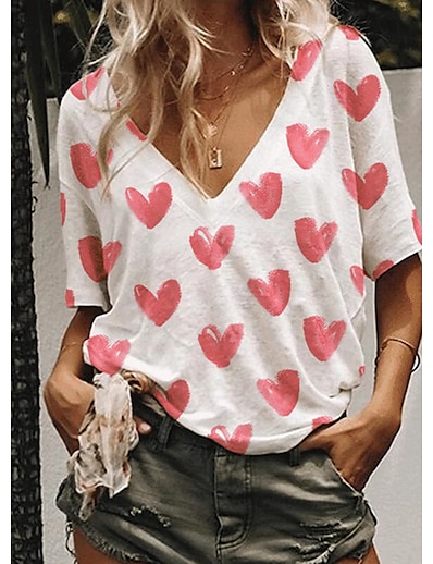 cheap Women&#039;s Tops-Women&#039;s T shirt Heart V Neck Print Basic Tops White