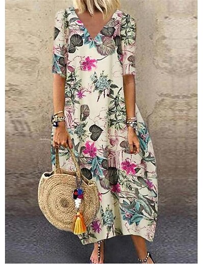 cheap Dresses-Women&#039;s Maxi long Dress Shift Dress Red Navy Blue Yellow Half Sleeve Patchwork Print Floral V Neck Spring Summer Casual Vintage 2021 Loose S M L XL XXL