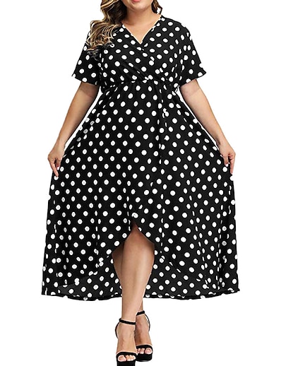 cheap Plus size-Women&#039;s Plus Size Polka Dot Swing Dress Ruffle V Neck Short Sleeve Hot Fashion Spring Summer Causal Holiday Maxi long Dress Dress