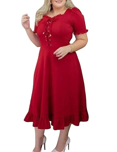 cheap Plus size-Women&#039;s Plus Size Plain A Line Dress Square Neck Short Sleeve Classic Summer Maxi long Dress Dress