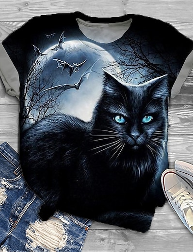 cheap Plus size-Women&#039;s Plus Size Tops T shirt Cat Graphic Animal Print Short Sleeve Crewneck Basic Black Big Size XL XXL 3XL 4XL 5XL / Holiday