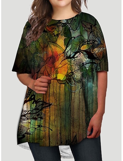 cheap Plus size-Women&#039;s Plus Size Graphic T Shirt Dress Tee Dress Print Round Neck Half Sleeve Basic Casual Fall Spring Causal Daily Short Mini Dress Dress / Butterfly