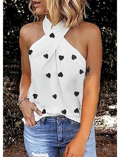 cheap Women&#039;s Tops-Women&#039;s Daily Weekend Tank Top Sleeveless Graphic Patterned Heart Halter Neck Print Basic Streetwear Tops White Blue Gray S