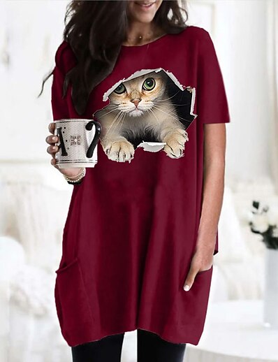 cheap Women&#039;s Tops-Women&#039;s T shirt Dress 3D Cat Cat Graphic Round Neck Pocket Print Basic Tops Black Gray Wine / 3D Print