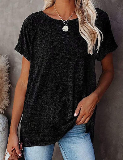 cheap Women&#039;s Tops-Women&#039;s Casual Daily Sports T shirt Tee Short Sleeve Plain Solid Color Round Neck Basic Daily Beach Tops Black Gray Pink S