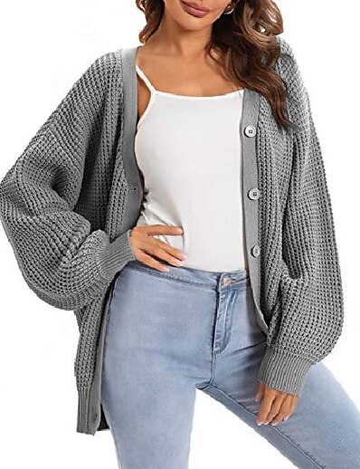 cheap Sweaters &amp; Cardigans-Women&#039;s Cardigan Solid Color Button Cotton Casual Long Sleeve Loose Sweater Cardigans Fall Winter Spring Open Front Purple Army Green Navy Blue