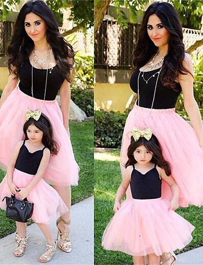 저렴한 Family Matching Outfits-엄마와 나 드레스 컬러 블럭 메쉬 블랙 그레이 블러슁 핑크 미디 민소매 일치하는 의상 / 여름 / 패치 워크