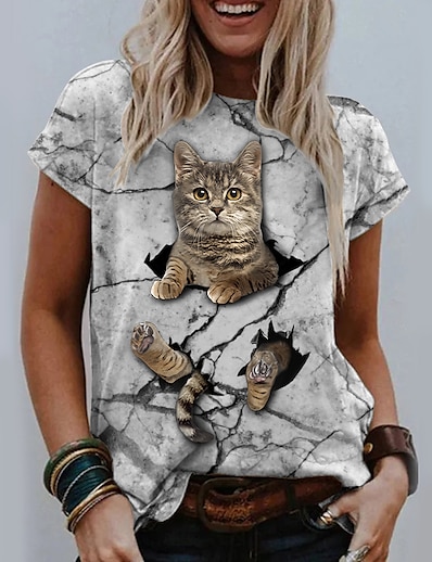 hesapli Kadın Üstleri-Kadın&#039;s Günlük Hafta sonu T gömlek 3D Kedi Kısa Kollu Kedi Grafik 3D Yuvarlak Yaka Desen Temel Üstler Gri S / 3D Baskı