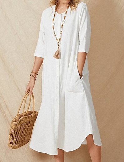 cheap Dresses-Women&#039;s Cotton Linen Dress Maxi long Dress White Half Sleeve Solid Color Classic Retro Pure Color Spring Summer Round Neck Chic &amp; Modern Casual T-shirt Sleeve Loose Retro S M L XL XXL 3XL