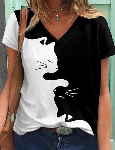 cheap Women&#039;s Tops-Women&#039;s 3D Cat T shirt Cat Graphic Color Block Print V Neck Basic Tops Black