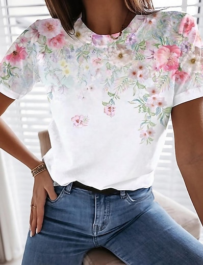 hesapli Kadın Üstleri-Kadın&#039;s T gömlek Çiçek Teması Resim Çiçekli Grafik Yuvarlak Yaka Desen Temel Üstler Beyaz / 3D Baskı