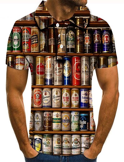 cheap Men&#039;s Tops-Men&#039;s Golf Shirt Tennis Shirt Graphic Prints Beer 3D Print Collar Street Casual Short Sleeve Button-Down Tops Casual Fashion Cool Rainbow / Sports