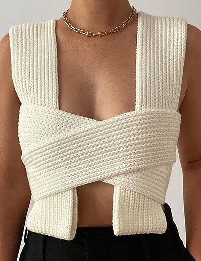 cheap Sweaters &amp; Cardigans-Women&#039;s Vest Solid Color Knitted Stylish Sleeveless Sweater Cardigans Spring Summer Deep U Green White Black