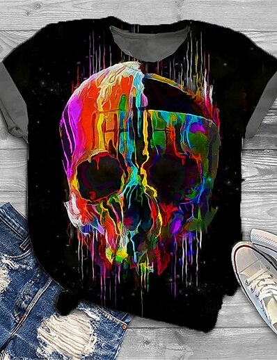 cheap Best Selling Plus Size-Women&#039;s Plus Size Tops T shirt Graphic Skull Short Sleeve Print Basic Crewneck Cotton Spandex Jersey Daily Holiday Black