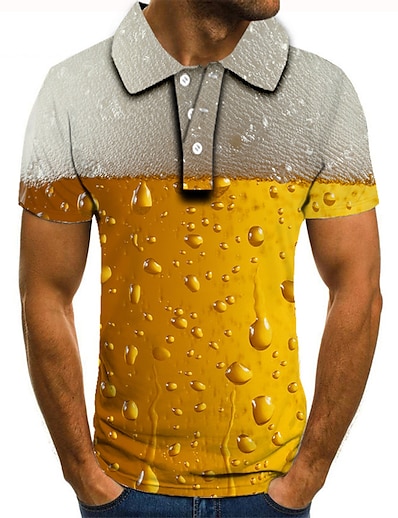 baratos Blusas Masculinas-Homens Camisa de golfe Camisa de tênis Estampas Abstratas Cerveja Impressão 3D Colarinho Rua Casual Manga Curta Botão para baixo Blusas Casual Moda Legal Verde Amarelo Vermelho / Esportes
