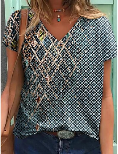 cheap Women&#039;s Tops-Women&#039;s Daily Weekend T shirt Tee Geometric Short Sleeve Graphic Geometric V Neck Print Basic Tops Blue S / 3D Print