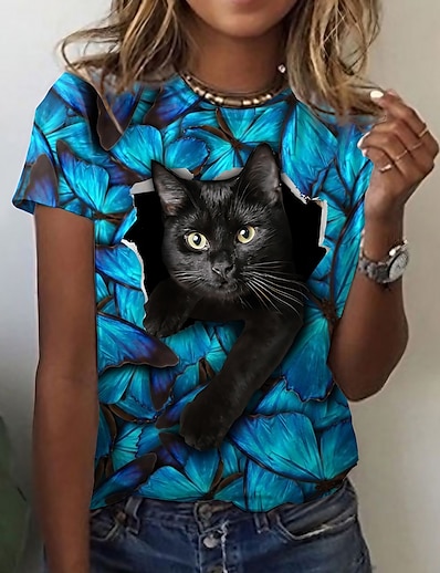 cheap Women&#039;s Tops-Women&#039;s T shirt 3D Cat Cat Graphic 3D Round Neck Print Basic Tops Blue / 3D Print