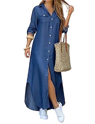 cheap Dresses-Women&#039;s Maxi long Dress Shift Dress Denim Blue Black print Long Sleeve Split Solid Color Shirt Collar Spring Summer Stylish Casual Modern 2022 S M L XL 2XL