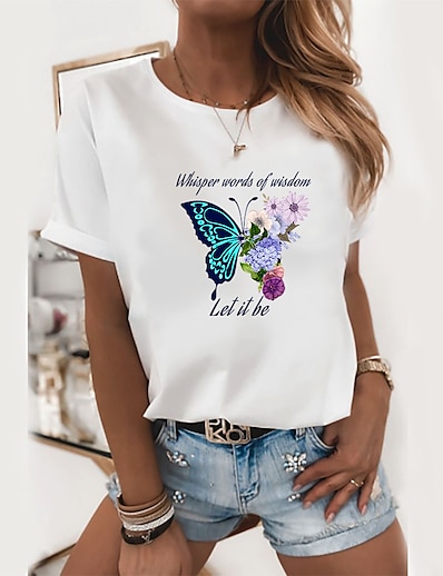 cheap Women&#039;s Tops-Women&#039;s T shirt Floral Butterfly Text Round Neck Print Basic Tops 100% Cotton White
