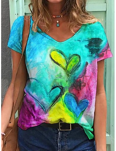 cheap Women&#039;s Tops-Women&#039;s Daily T shirt Tee Heart Short Sleeve Heart Tie Dye V Neck Basic Tops Rainbow S / 3D Print