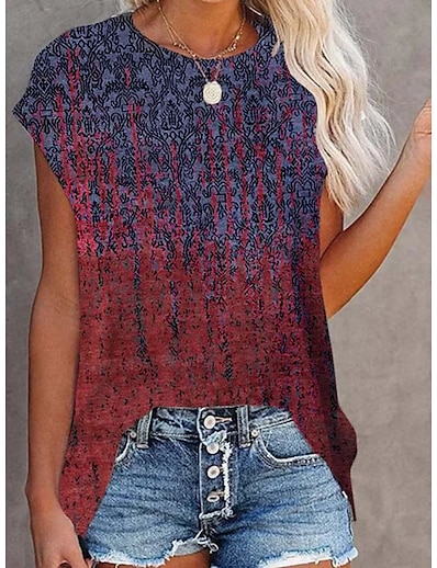 cheap Women&#039;s Tops-Women&#039;s T shirt Graphic Round Neck Print Basic Tops Black Gray Red / 3D Print