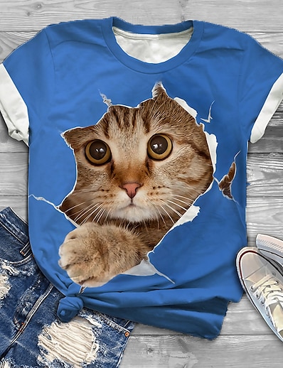 저렴한 플러스 사이즈 컬렉션-여성용 플러스 크기 탑스 T 셔츠 고양이 그래픽 짧은 소매 프린트 베이직 크루 넥 코튼 스판덱스 저지 일상 홀리데이 푸른 / 플러스 사이즈 / 플러스 사이즈