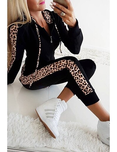 cheap Sports Athleisure-Women&#039;s 2 Piece Set Hoodie Leopard Print Sport Athleisure Long Sleeve Clothing Suit Everyday Use Comfortable Casual Athleisure / Winter / 2pcs / pack