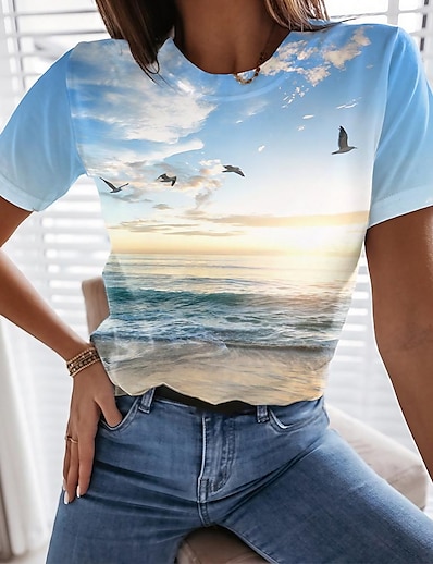 cheap Best Selling Tops-Women&#039;s Holiday 3D Printed Painting T shirt Graphic Scenery Print Round Neck Basic Beach Tops Blue