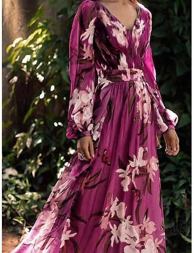 cheap Dresses-Women&#039;s Maxi long Dress Chiffon Dress Purple Long Sleeve Print Floral Print V Neck Summer Holiday Boho 2022 Loose S M L XL XXL