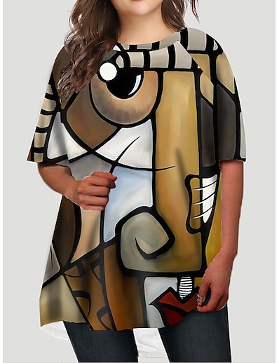 Χαμηλού Κόστους Κολεξιόν μεγάλα μεγέθη-Γυναικεία Μεγάλα Μεγέθη Γραφική Κοντομάνικο φόρεμα Στάμπα Στρογγυλή Λαιμόκοψη Μισό μανίκι Βασικό Φθινόπωρο Άνοιξη Αιτιώδης συνάφεια Καθημερινά Μίνι φόρεμα Φόρεμα