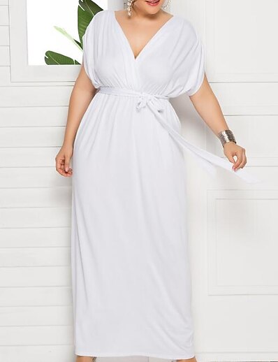 cheap Plus Size Dresses-Women&#039;s Plus Size Solid Color Swing Dress V Neck Short Sleeve Elegant Casual Prom Dress Fall Spring Party Daily Maxi long Dress Dress