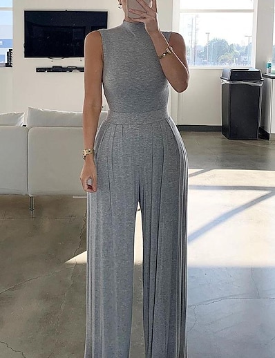 cheap Jumpsuits &amp; Rompers-Women&#039;s Jumpsuit Solid Colored Ordinary Crew Neck Long Sleeve Regular Fit Gray S M L Autumn / Fall